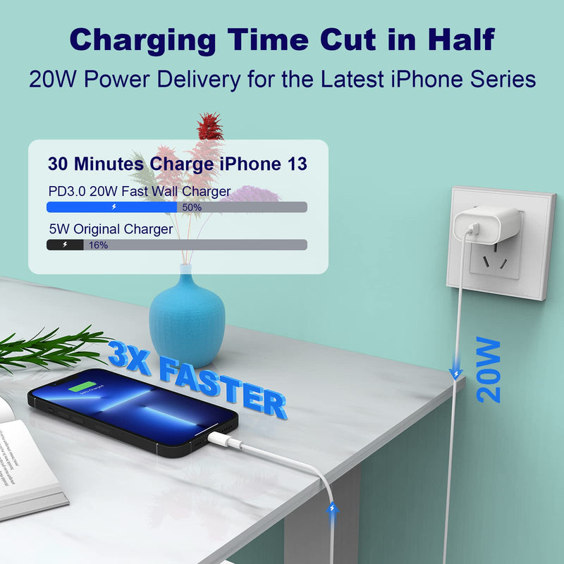 [Australia - AusPower] - iPhone Fast Charger, [Apple MFi Certified] 20W PD USB C Wall Charger Block Plug with 10FT Extra Long Type C to Lightning Fast Charging Data Sync Cable for iPhone 13 12 11 XS XR X 8 iPad AirPods 