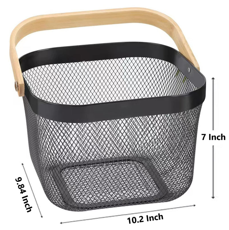 [Australia - AusPower] - AJIODA Metal Mesh Steel Basket, Storage Organizer Basket Multi-functional Hanging Kitchen Baskets Fruit Basket Bin with Bamboo Handle for Kitchen Bathroom Picnic Shopping Decor Cabinet Home, Black 