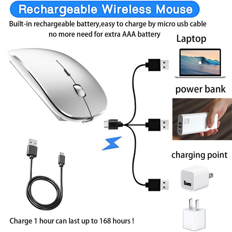 [Australia - AusPower] - Rechargeable Bluetooth Mouse for Laptop iPad Pro iPad Air MacBook Pro MacBook Air Wireless Mouse for Laptop Mac MacBook Chromebook Win8/10 silver 