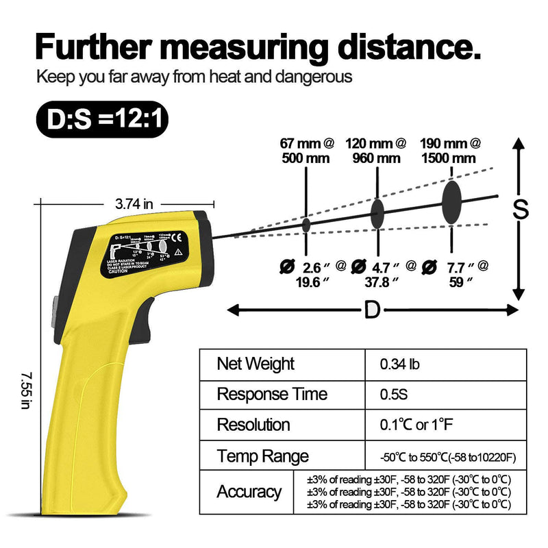 [Australia - AusPower] - BTMETER BT-980D D:S 12:1 Handheld Industrial Infrared Thermometer, Digital Non-Contact Laser Temperature Gun for -58℉ to 1022℉(-50°C ~ 550°C) - NOT for Human Temp BT-980D(-58℉ to 1022℉, D:S=12:1) 