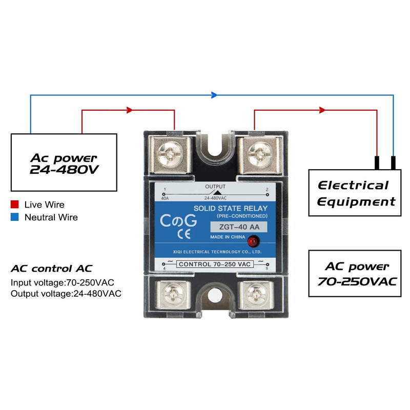 [Australia - AusPower] - CGELE Solid State Relay SSR-40AA AC to AC Input 70-250VAC to Output 24-480VAC 40A Single Phase Plastic Cover AC to AC 40A 
