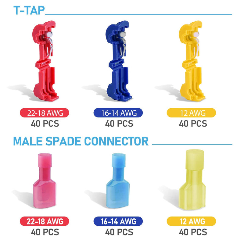 [Australia - AusPower] - TICONN 240PCS T-Tap Wire Connectors, Self-Stripping Quick Splice Electrical Wire Terminals, Insulated Male Quick Disconnect Spade Terminals Assortment Kit with Storage Case (240) 240 