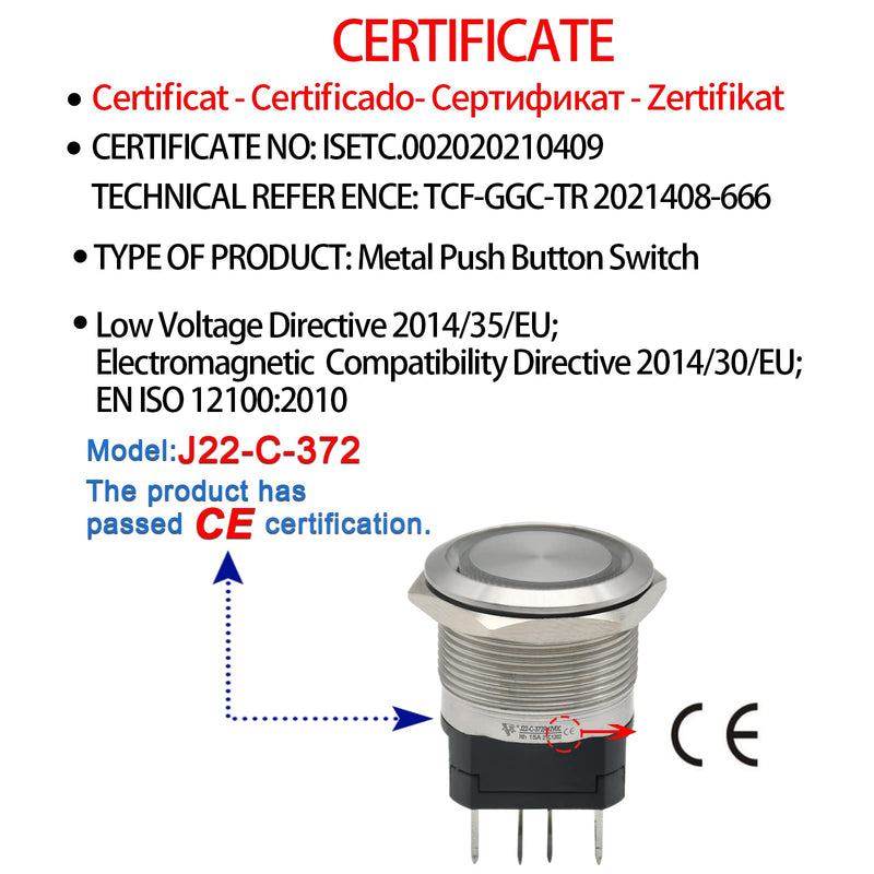 [Australia - AusPower] - 22mm Push Button Switch 15A 24V Latching Momentary 2NO DPST Angel Eye LED Stainless Steel Round Self-Locking 7/8'' with Wire Socket Blue Latching 12V 