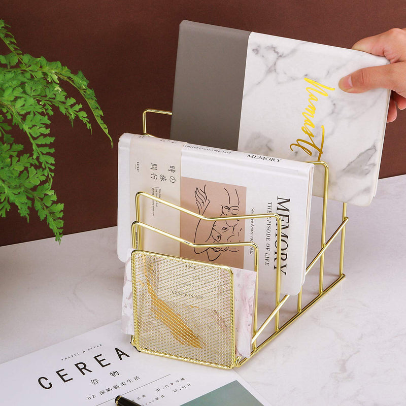 [Australia - AusPower] - Z PLINRISE Incline File Sorter, Wire Magazine Holder Rack for Mails, Folders and Books, Desk Paper Storage Organizer for Home and Office, 5 Sections, Gold 