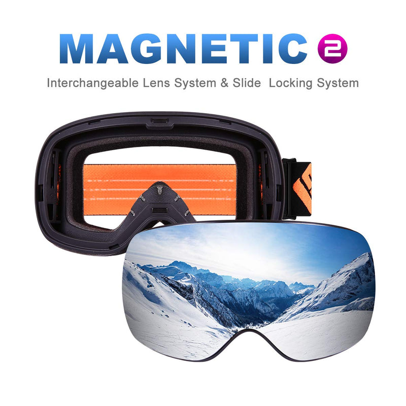 [Australia - AusPower] - SH HORVATH Ski Snowboard Goggles Magnetic Mirrored Lens 120s Anti-Fog for Adult Black and Orange VLT15% Silver 