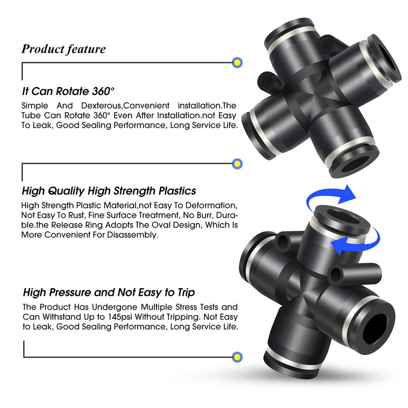 [Australia - AusPower] - TAILONZ PNEUMATIC 4 Way 3/8 Inch OD Straight Push Fittings Plastic Quick Release Connectors Air Line Fittings PZA-3/8 (Pack of 5) 3/8''OD 