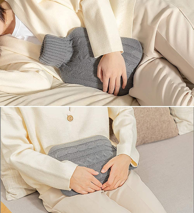 [Australia - AusPower] - OliviaLiving Classic Transparent Hot Water Bottle 2 Liter with Knit Cover - Great for Cramps, Pain Relief & Cozy Nights - Water Heating Pad - Feet & Bed Warmer for Adults Grey 