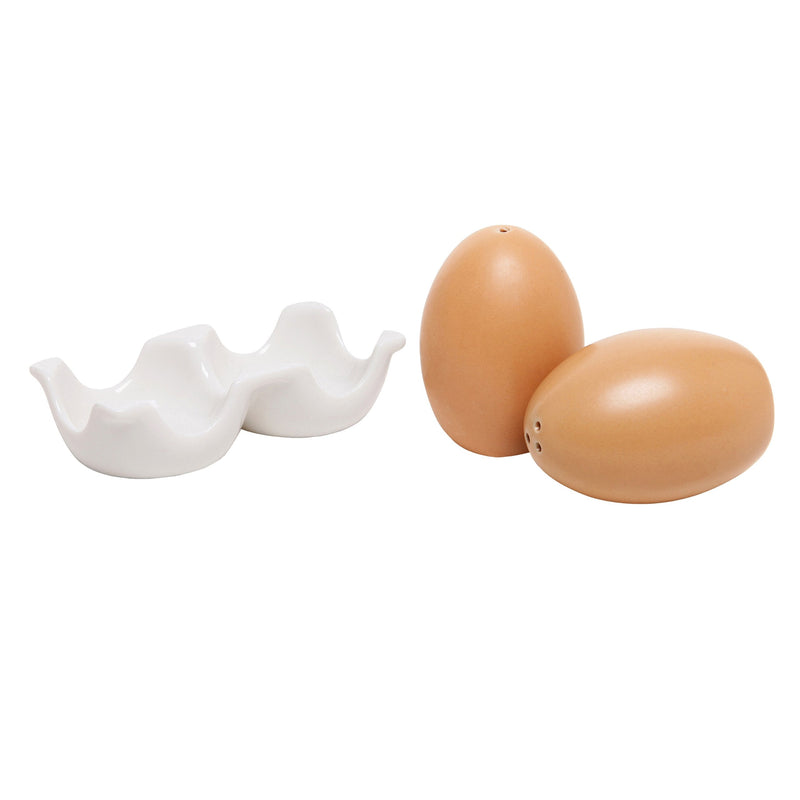 [Australia - AusPower] - MyGift Ceramic Salt and Pepper Shaker Set, Mini Brown Egg Shaped Shakers with Carton Design Holding Stand, 3 Piece 