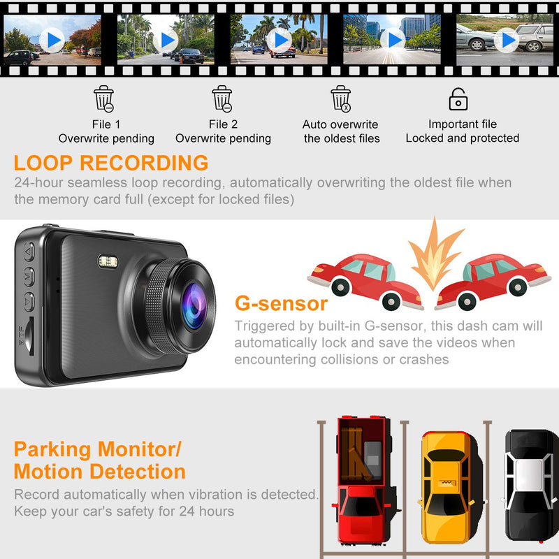 [Australia - AusPower] - Dash Camera with SD Card Included, Dashcams for Cars Front Full HD 1080P Dash Cams 170°Wide Angle Dashboard Cameras for Trucks with Night Vision 3”IPS Screen Loop Recording G-Sensor Parking Monitor 
