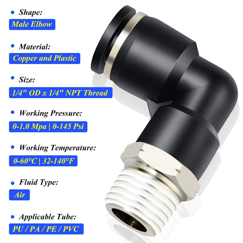 [Australia - AusPower] - TAILONZ PNEUMATIC Male Elbow 1/4 Inch Tube OD x 1/4 Inch NPT Thread Push to Connect Fittings PL-1/4-N2 (Pack of 10) 1/4''OD 1/4''NPT 