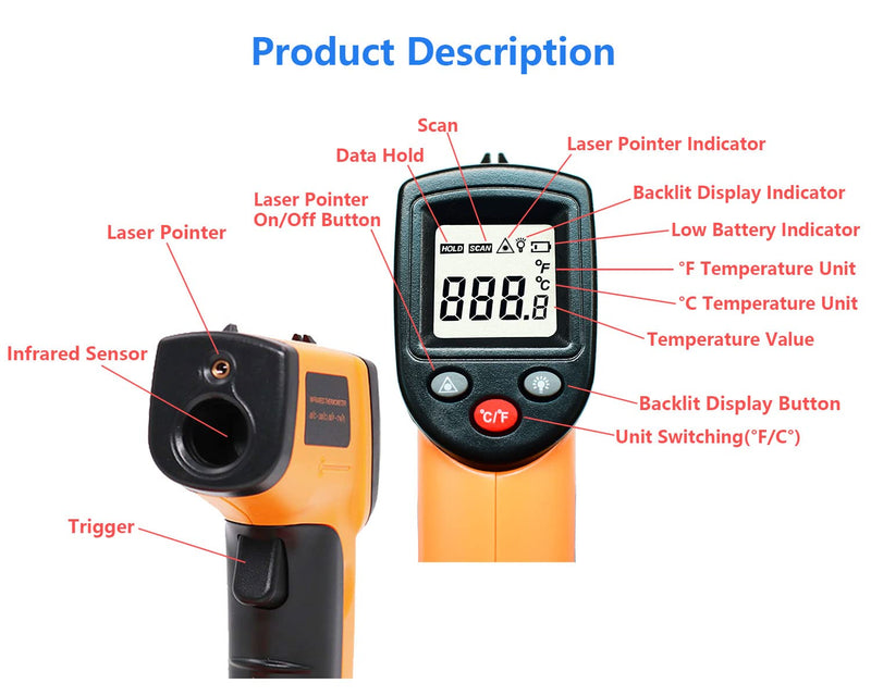 [Australia - AusPower] - LIJUST Infrared Thermometer Temperature Gun, Digital Thermometer Non-Contact Laser Infrared Ir Thermometer Gun(Not for Human) -58℉～752℉(-50℃～400℃) - Kitchen Cooking Gun, Freezer Oven Thermometer 