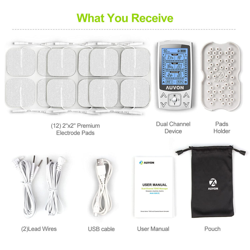 [Australia - AusPower] - AUVON Dual Channel TENS EMS Unit 24 Modes Muscle Stimulator for Pain Relief, Rechargeable TENS Machine Massager with 12 Pads, ABS Pads Holder, USB Cable and Dust-Proof Storage Bag A Sliver 