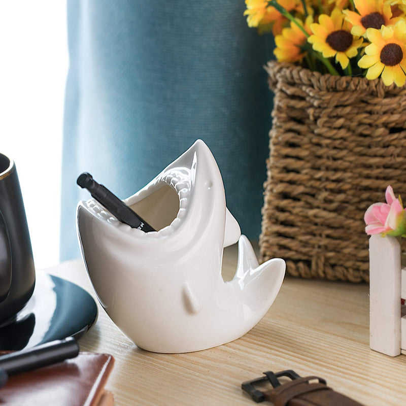 [Australia - AusPower] - ComSaf Cute Shark Shaped Pen Pencil Holder, White Ceramic Succulent Planter Pots for Home Office Decoration Desk Organization, Set of 1 