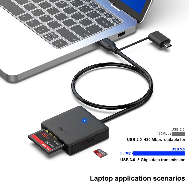 [Australia - AusPower] - Memory Card Reader, BENFEI 4in1 USB USB-C to SD Micro SD MS CF Card Reader Adapter 