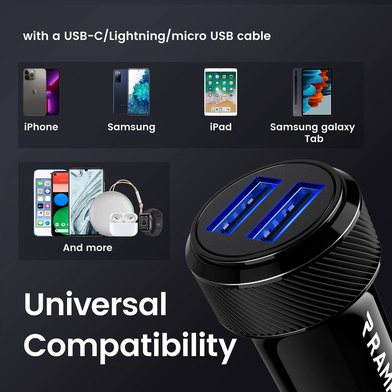[Australia - AusPower] - RAMPOW Car Charger 24W/12V 4.8A Dual Cigarette Lighter USB Adapter with Blue LED for iPhone 13/12/7/7Plus/6/6s/5s/SE, iPad Pro/Air 2/Mini,Samsung Galaxy S9/S8/S7, Motorola, LG, HTC,Tablet & More-Black Black 