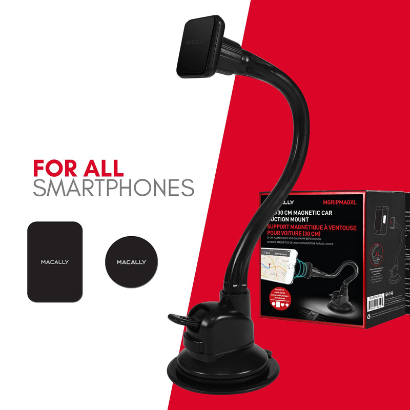 [Australia - AusPower] - Macally Magnetic Phone Car Mount - Windshield Phone Holder for Car with 12" Long Arm, Suction Cup, & Super Strong Magnet for All Smartphones, iPhones, Samsung, etc. - Flexible Car Phone Mount Magnetic Magnetic Windshield 