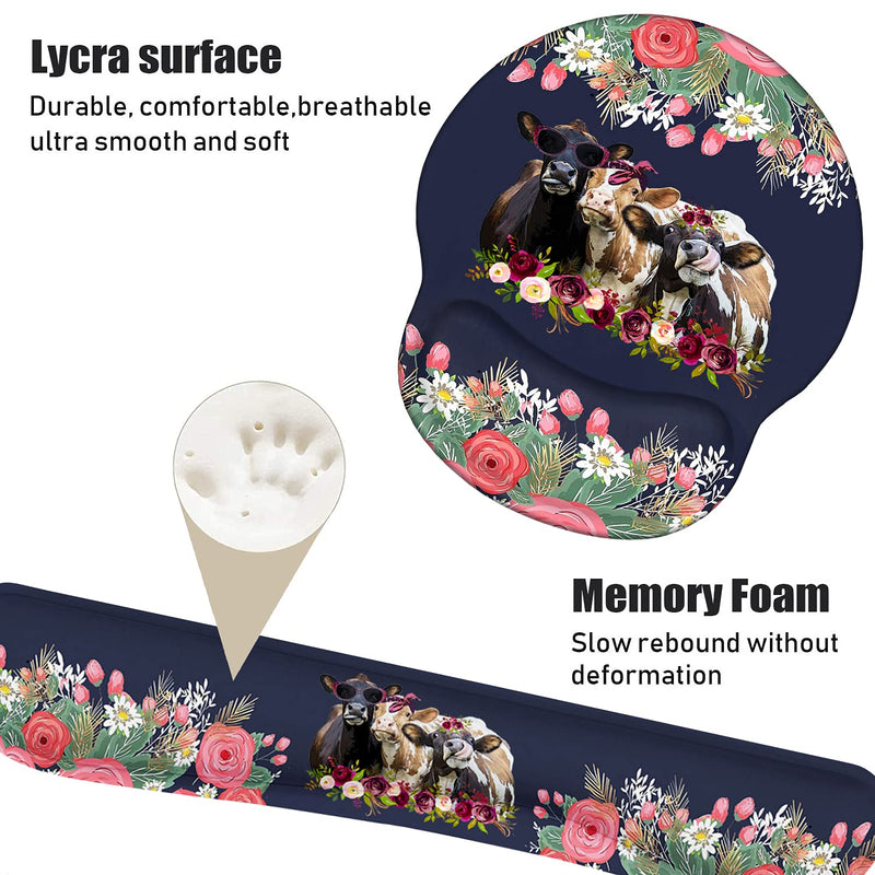 [Australia - AusPower] - Keyboard Wrist Rest and Mouse Pad Wrist Support Set, Non-Slip PU Base Ergonomic Gaming Mousepad for Home Office Working Studying Easy Typing & Pain Relief - Floral Quote Funny Cows Combination 