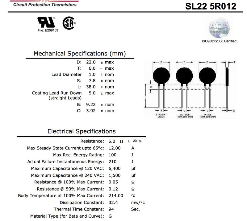 [Australia - AusPower] - Ametherm SL22 5R012 (Pack of 2) SG26, Sg333, SCK-0512 Inrush Current Limitin, ICL 5 OHM 15% 12A 22MM 