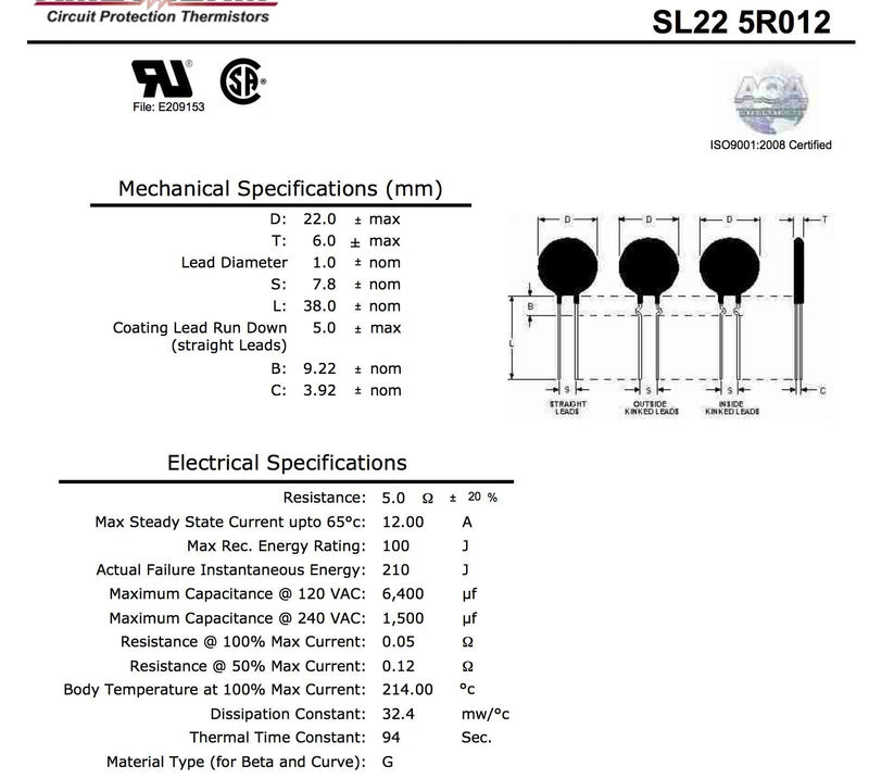 [Australia - AusPower] - Ametherm Ntc Thermistor - SL22 5R012 