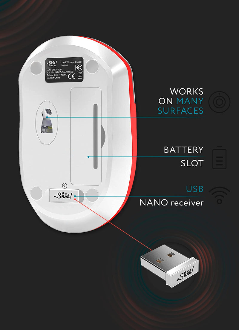 [Australia - AusPower] - ShhhMouse Wireless Silent Noiseless Clickless Mobile Optical Mouse with USB Receiver and Batteries Included, Portable and Compact, for Notebook, PC, Laptop, Chromebook, Computer, MacBook (White/Red) White/Red 