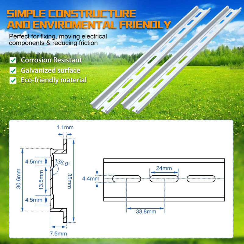 [Australia - AusPower] - 2 Piece DIN Rails, 35mm Aluminum Top Hat Slotted DIN Rail with RoHS, Extra Premium Screws Included for Hardware Components Mounting - 12.9 Inches Long, 35mm Wide, 7.5mm High 12.9" X 2pcs - Standard 