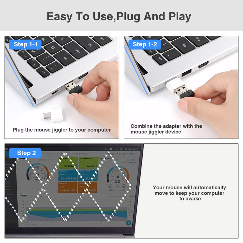 [Australia - AusPower] - Mouse Jiggler,Undetectable Mouse Mover Device USB Port with Type-C Adapter,Mouse Wiggler Shaker Keep Compute/ PC/ Laptop Awake,Prevent PC Entering Sleep Mode,Simulate Movement,Driver-Free,Plug&Play Mouse jiggler+Type C 