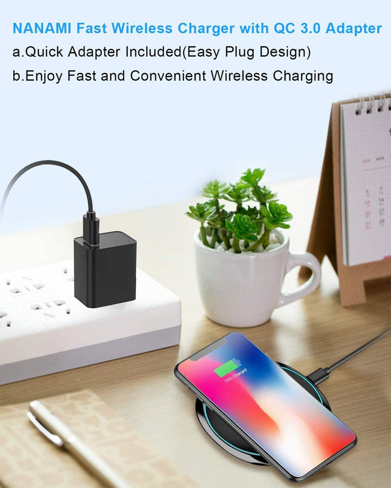 [Australia - AusPower] - NANAMI Fast Wireless Charger, 7.5W Qi Certified Charging Pad with QC3.0 Adapter USB Charger for iPhone 13/13 pro/12/11/XS Max/XR/X/8 Plus/Airpods 2,10W Compatible Samsung S21 S20 S10 S9/Note 20Ultra Black 