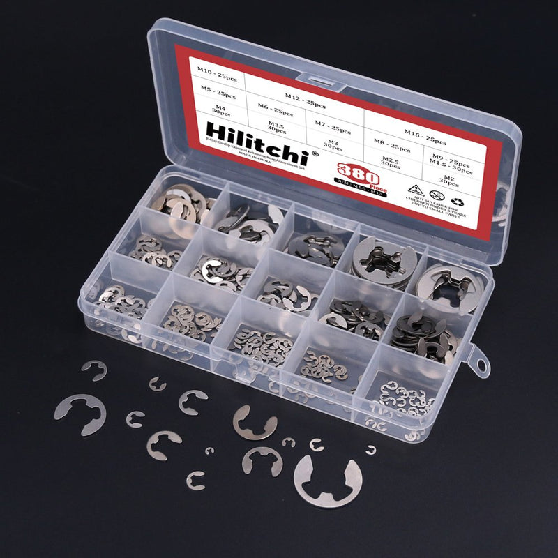 [Australia - AusPower] - Hilitchi 380-Pcs [14-Size] E-Clip Circlip External Retaining Ring Assortment Set - 304 Stainless Steel 