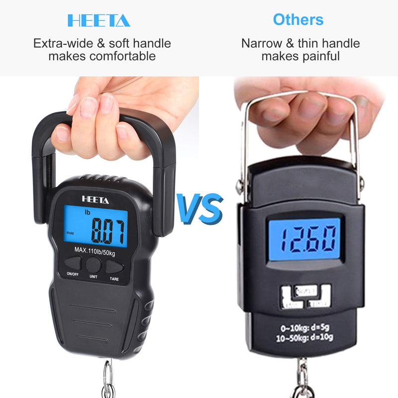 [Australia - AusPower] - HEETA Fish Scale with Backlit LCD Display, Digital Portable Hanging Scale Luggage Scale with Measuring Tape for Home and Outdoor, 2 AAA Batteries Included Black 