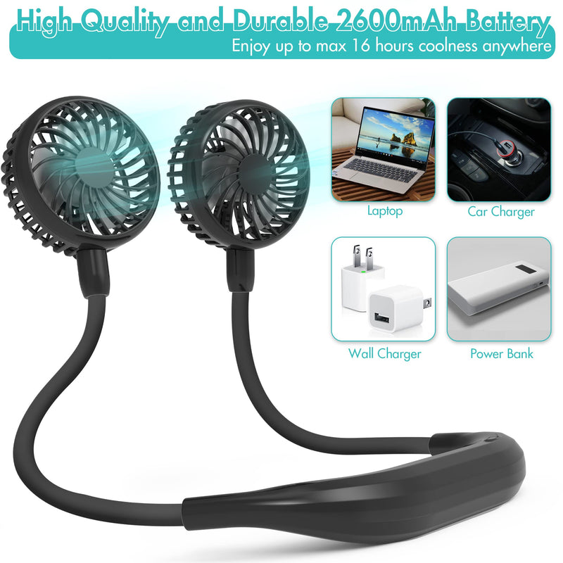 [Australia - AusPower] - Portable Neck Fan, 2600mAh Battery Operated Ultra Quiet Hands Free USB Fan with Strong Wind, 360° Adjustable High Flexibility Wearable Personal Fan for Home Office Outdoor Travel (Dark Blue) Black 