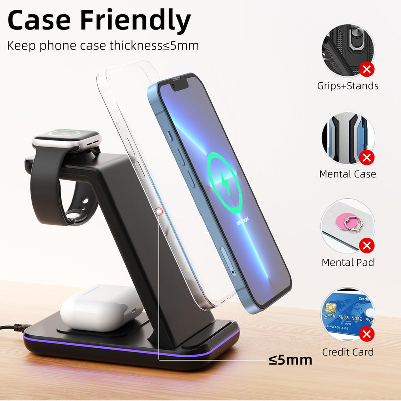 [Australia - AusPower] - Wireless Charging Station, 3 in 1 Fast Wireless Charger for iPhone 14/13/12/11/Pro/Max/SE/XS/XR/X/8 Plus/8, Wireless Charging Station/Stand Compatible for Apple Watch Series and AirPods Pro/3/2 