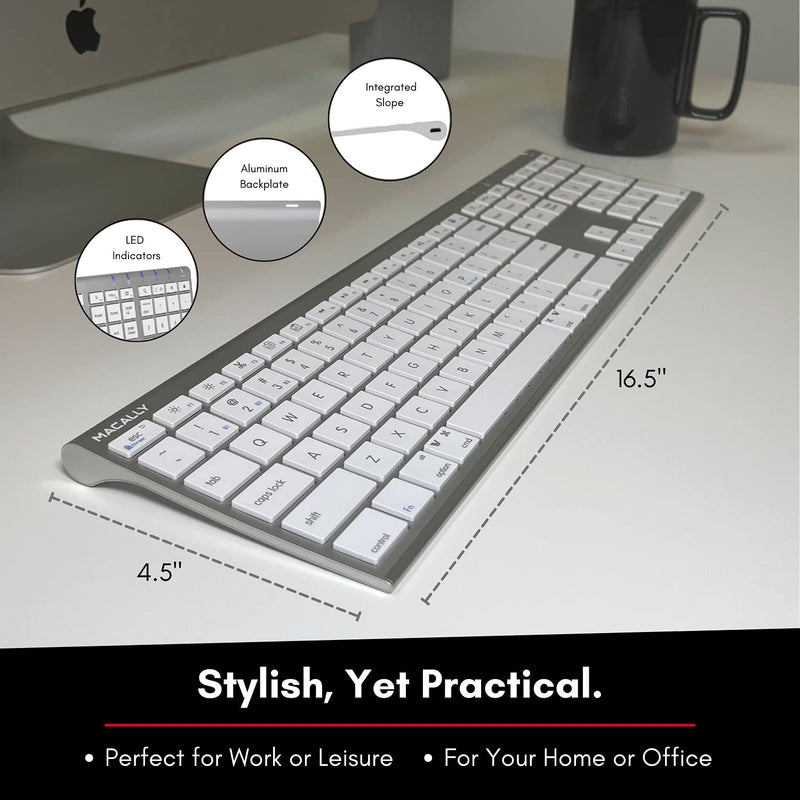 [Australia - AusPower] - Macally Wireless Bluetooth Keyboard with Numeric Keypad - Multi Device Keyboard for Mac Pro/Mini, Apple iMac, MacBook, Laptop, Computer Windows PC. Android, Smartphones, Tablets (Aluminum Silver) Aluminum Silver 