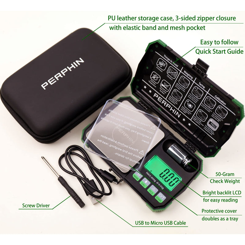 [Australia - AusPower] - Digital Pocket Scale with Zipper Case, 200g x 0.01g High Precision Gram Scale, comes with Calibration Weight, USB Cable, Weighing Tray, Bright Backlit LCD Display, Herb Jewelry Food Coin Powder Travel Green 