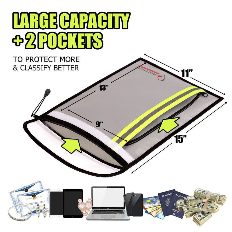 [Australia - AusPower] - ROLOWAY Fireproof Document Bag (15 x 11 inch) with 2 Pockets & Waterproof Zipper, Fireproof Money Bag, Fire Safe Bag with Reflective Strip, Fireproof Envelope for Cash, Legal Documents Safe (Silver) Silver 