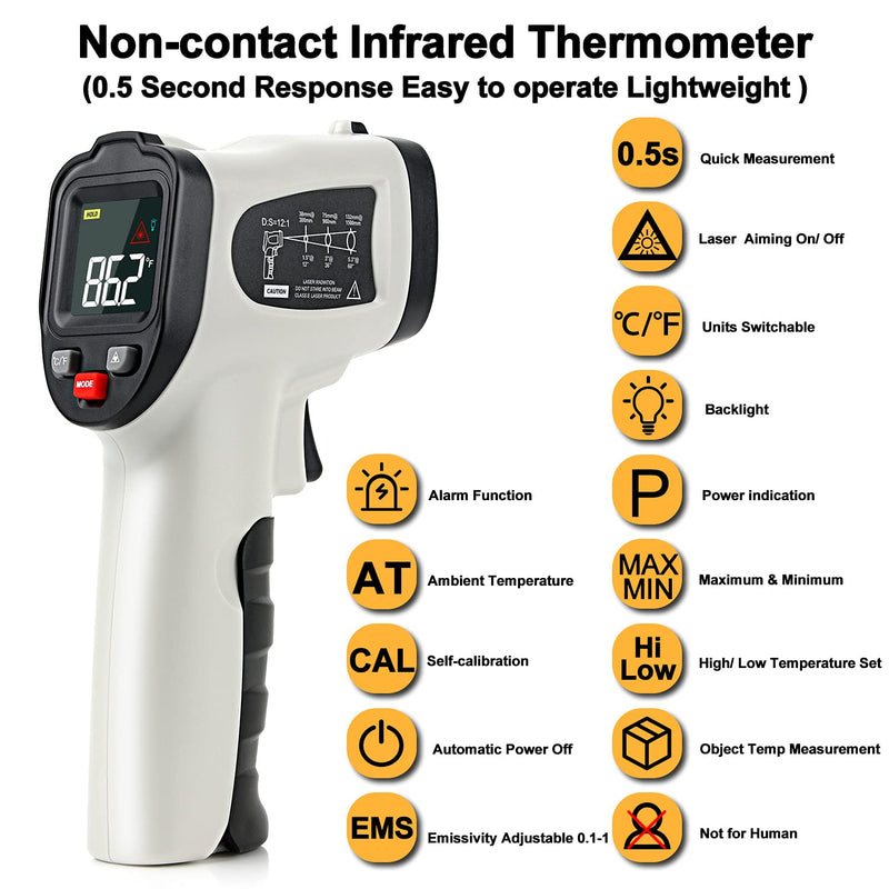 [Australia - AusPower] - Kitchen Infrared Temp Gun Thermometer, -50°C~400°C (-58°F~752°F) Adjustable Emissivity Non-Contact ir Laser Temperature Gun with Color LED Display, Grey/Black【NOT for Human】 