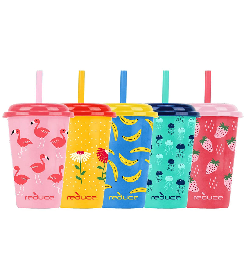 [Australia - AusPower] - Reduce GoGo's – 12 oz Kids Tumbler Set, 5 Pack – Plastic Kids Cups with Straws and Lids – Dishwasher Safe, BPA Free – An Ideal Kid's Cup for Smoothies – Mix and Match, 5 Fun Designs, Sweet 5 Count (Pack of 1) Strawberry Banana 