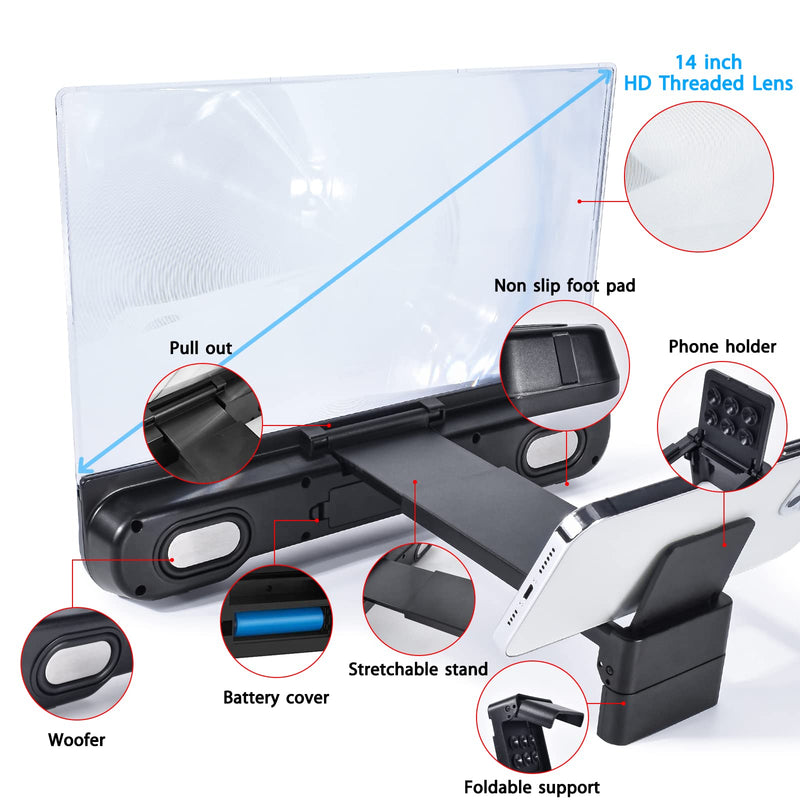 [Australia - AusPower] - 14 inch Phone Screen Magnifier with Bluetooth Speaker,Mobile Phone Screen Amplifier with 2-in-1 Foldable Stretch Stand Holder Portable 3D Screen Magnifying Glass for All Smartphones(Black) 