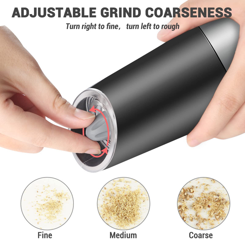 [Australia - AusPower] - MOVNO Gravity Electric Salt and Pepper Grinder Set of 2 with Blue LED Light, Battery Powered Pepper Automatic Mill Grinder with a Brush, Adjustable Coarseness, One Hand Operation, Black 2 pack 