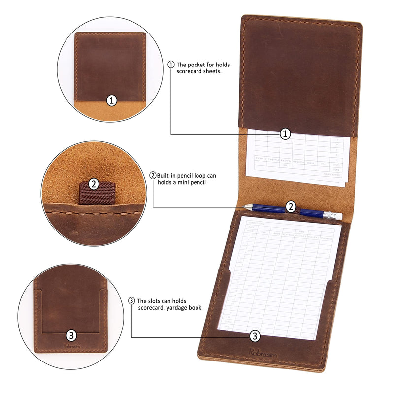 [Australia - AusPower] - Robrasim Handmade Leather Yardage Book Cover, Leather Golf Scorecard Holder with Built-in Pencil Loop Brown 