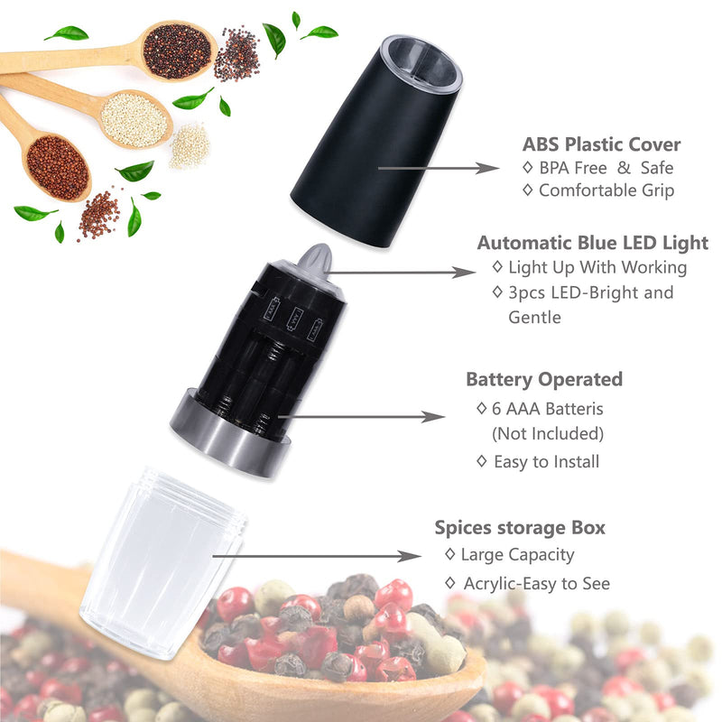 [Australia - AusPower] - 2 Pack Gravity Electric Salt and Pepper Grinder Set Automatic Battery Powered Salt Mill, Adjustable Coarseness, with Blue LED Light, One Hand Operated Black 2X 