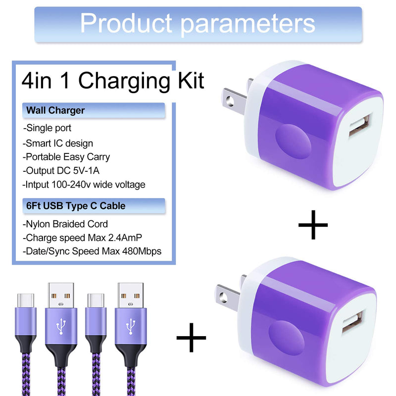 [Australia - AusPower] - Fast Charging USB Type C Wall Charger for Samsung Galaxy Note 20/10, S22 S21 S20 FE/Ultra 5G S20+ S10 A51 A71 A11 A01 A21 A20 A50, 5V/1A Single Power Adapter Charger Block Cube 6ft USB C Cable, 2Pack EB T(Purple) 