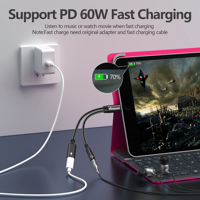 [Australia - AusPower] - USB C to 3.5 Headphone Jack Adapter-USB C PD 3.0 Quick Charging Port 60W Fast Charge Cable (DB) 