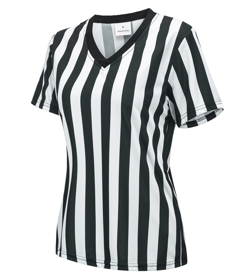 [Australia - AusPower] - Amoy Women's Referee Shirt Black & White Stripe Costume Short Sleeve Umpire Jersey Football Soccer Christmas Accessories Small 