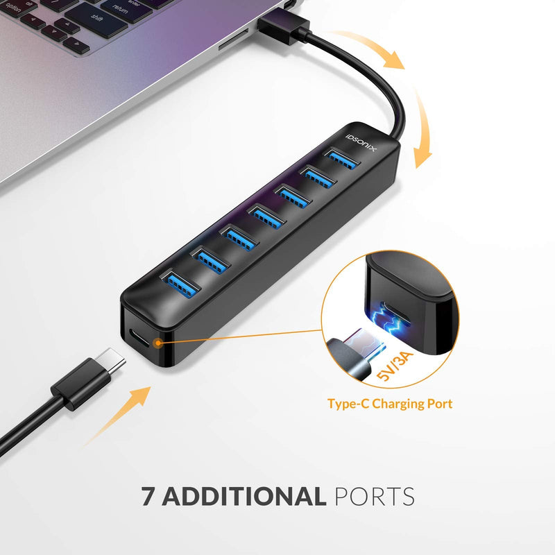 [Australia - AusPower] - iDsonix USB Hub 3.0, 7-Port 5V / 3A Powered USB Hub, 5Gbps HighSpeed Data Transmission USB Splitter for Laptop, iMac, Surface Pro, XPS, USB Flash Drives, Mobile HDD, Printer, Camera, and More -Black BLACK 