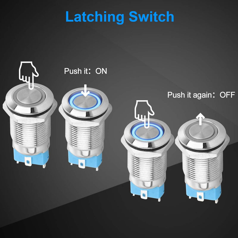 [Australia - AusPower] - 5PCS DC 12V/24V Metal Latching Push Button Switch, 4 Pin Car RV Truck Boat SPST ON/Off Switch, Waterproof Self-Locking Round Marine Switch with Blue LED Light for 12mm 1/2" Mounting Hole 