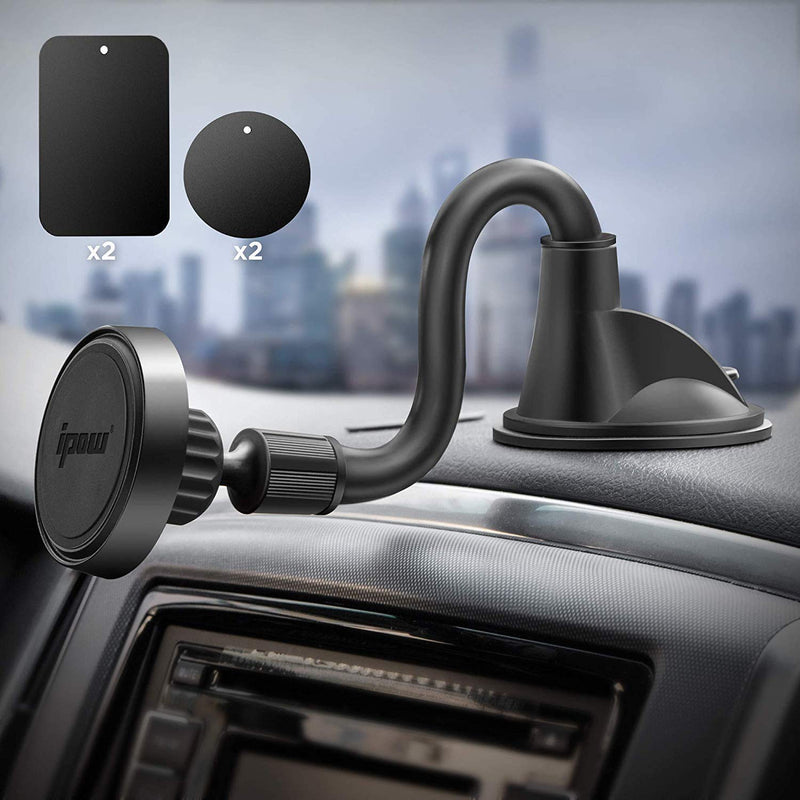 [Australia - AusPower] - IPOW Long Arm Universal Magnetic Cradle Windshield Dashboard Cell Phone Mount Holder with 4 Metal Plates, Soft Firm Goose Arm & Enhanced Suction Cup 