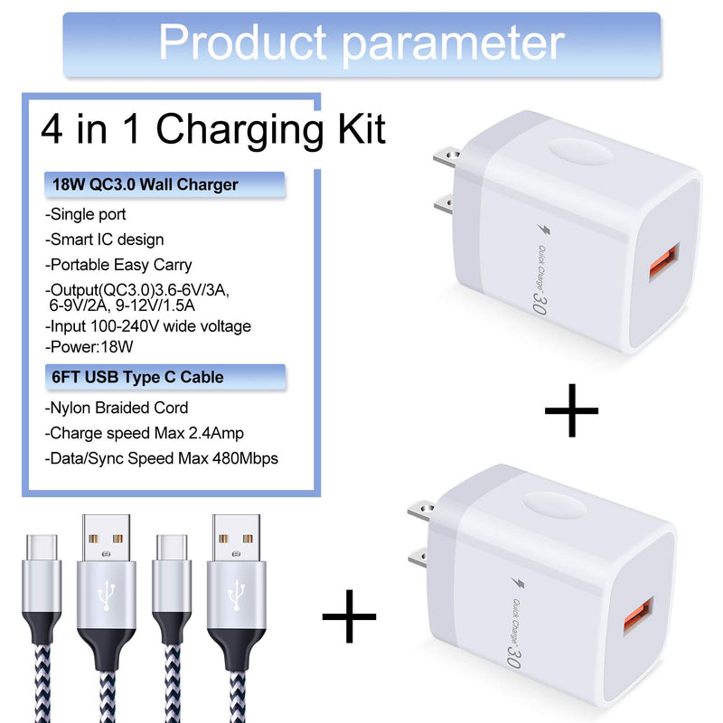 [Australia - AusPower] - Quick Charge 3.0 USB Wall Charger Block with Type C Cable Fast Charging for Samsung Galaxy S22/S21/S20 FE/Ultra/Plus 5G Note 21/20 Ultra/10 S10e A52 A72 A71 A51 A20, 18W 3A Power Adapter Plug C Cord EB 4-pack charger+ Type C cable white 