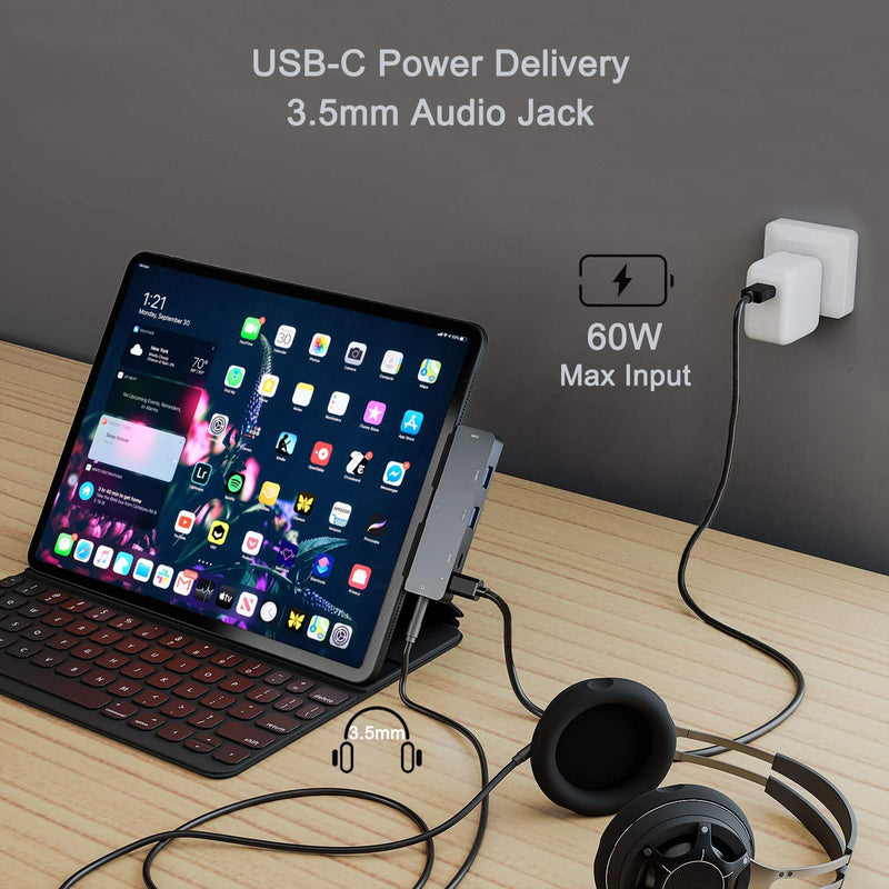 [Australia - AusPower] - Adapter for iPad Pro USB C Hub for iPad Pro 11 12.9 2021 2020 2018,iPad Air 4/iPad Mini 6,7 in 1 USB C Hub with 4K HDMI,3.5mm Jack,USB3.0,USB C PD&Data,SD/TF Card Slot,iPad docking station accessories 
