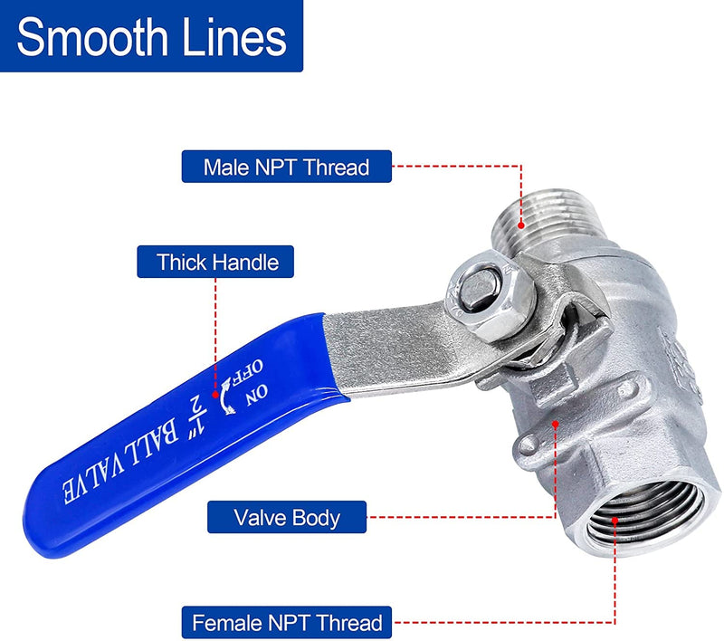 [Australia - AusPower] - 1/2" Ball Valve,Male NPT (MNPT) X Female NPT (FNPT) Thread,Stainless Steel Shut-Off Valve for Water,Oil and Gas (1/2 inch, 1 pack) 1/2 inch 1pack 