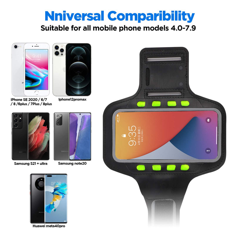 [Australia - AusPower] - Black Cell Phone Armband with LED Lights Runing Armband Phone Holder,Phone Size 5.2-7.9Inch for iPhone,Samsung Smart Phone,Sweat Resistant Sports Phone Armband with Key Holder and Card Slot Black 